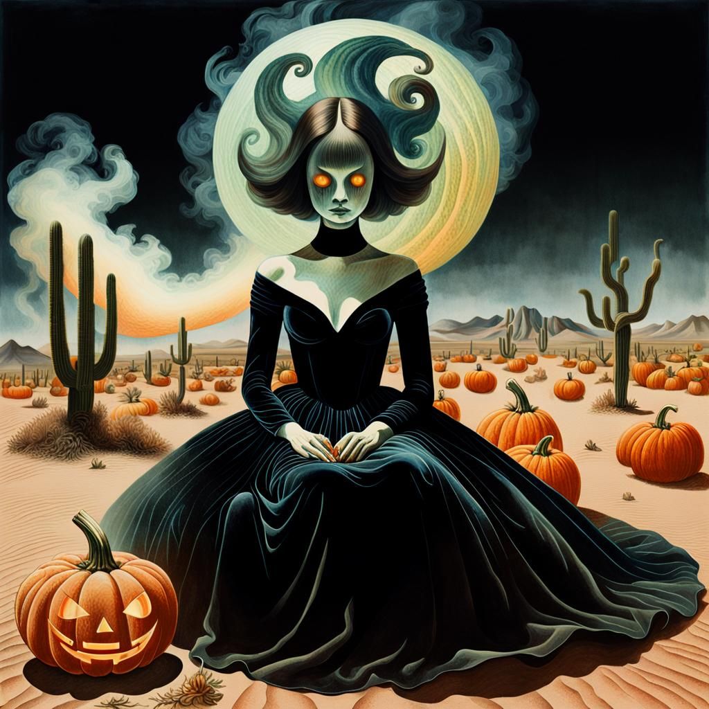 mystery, black goat, a huge pumpkin on a melon, Pixie haircut, black loose tunic, smoke, chromolithography collage, 1920...