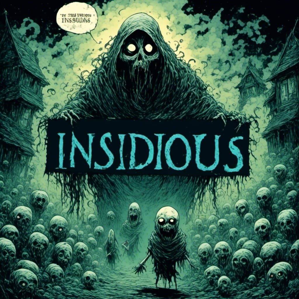 Spooky Ghost Holding "Insidious" Sign in Horror Comic Style