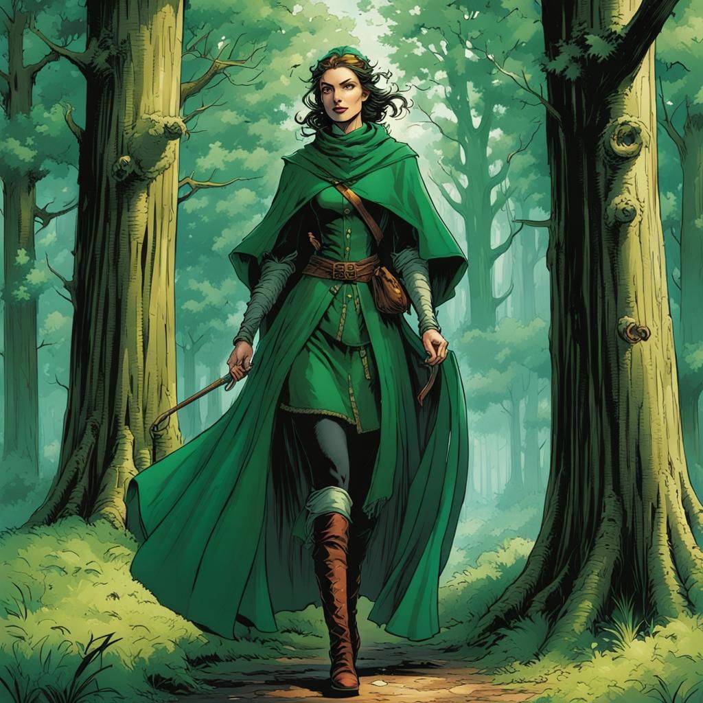 Medieval Lady Traveler in Emerald Forest, Comic Art