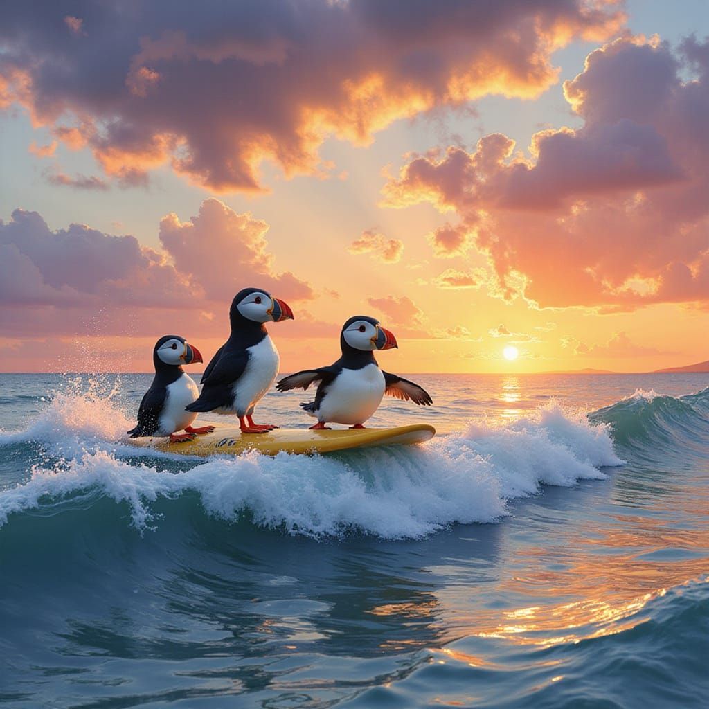 Puffins Surfing at Sunset in Whimsical Style