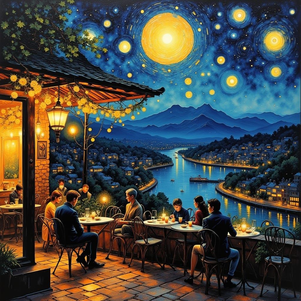 Night Cafe Terrace with Mechanical Eclipse, Van Gogh Style
