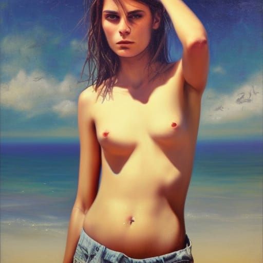 Lena Meyer-Landrut Portrait on Beach as Oil Painting