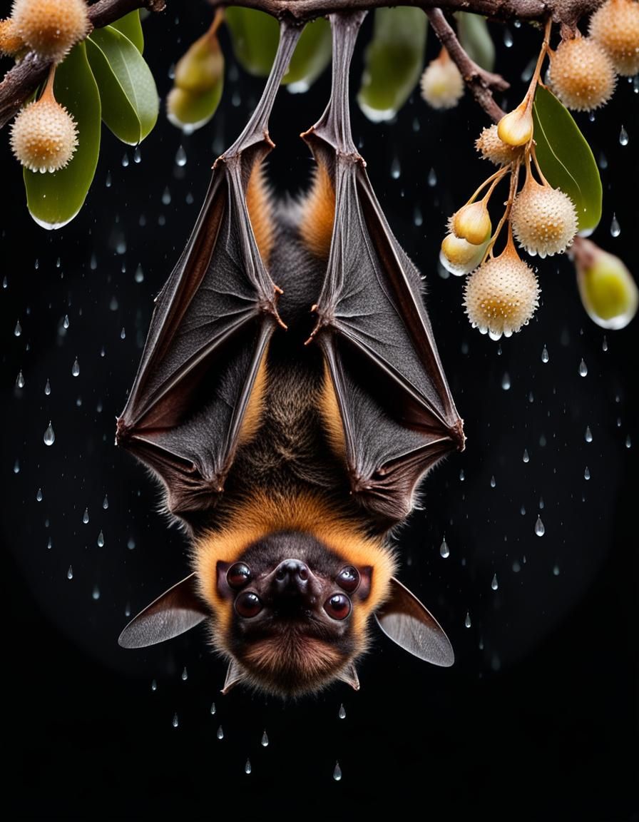 Cute Baby Bat Hanging Upside Down in Rain