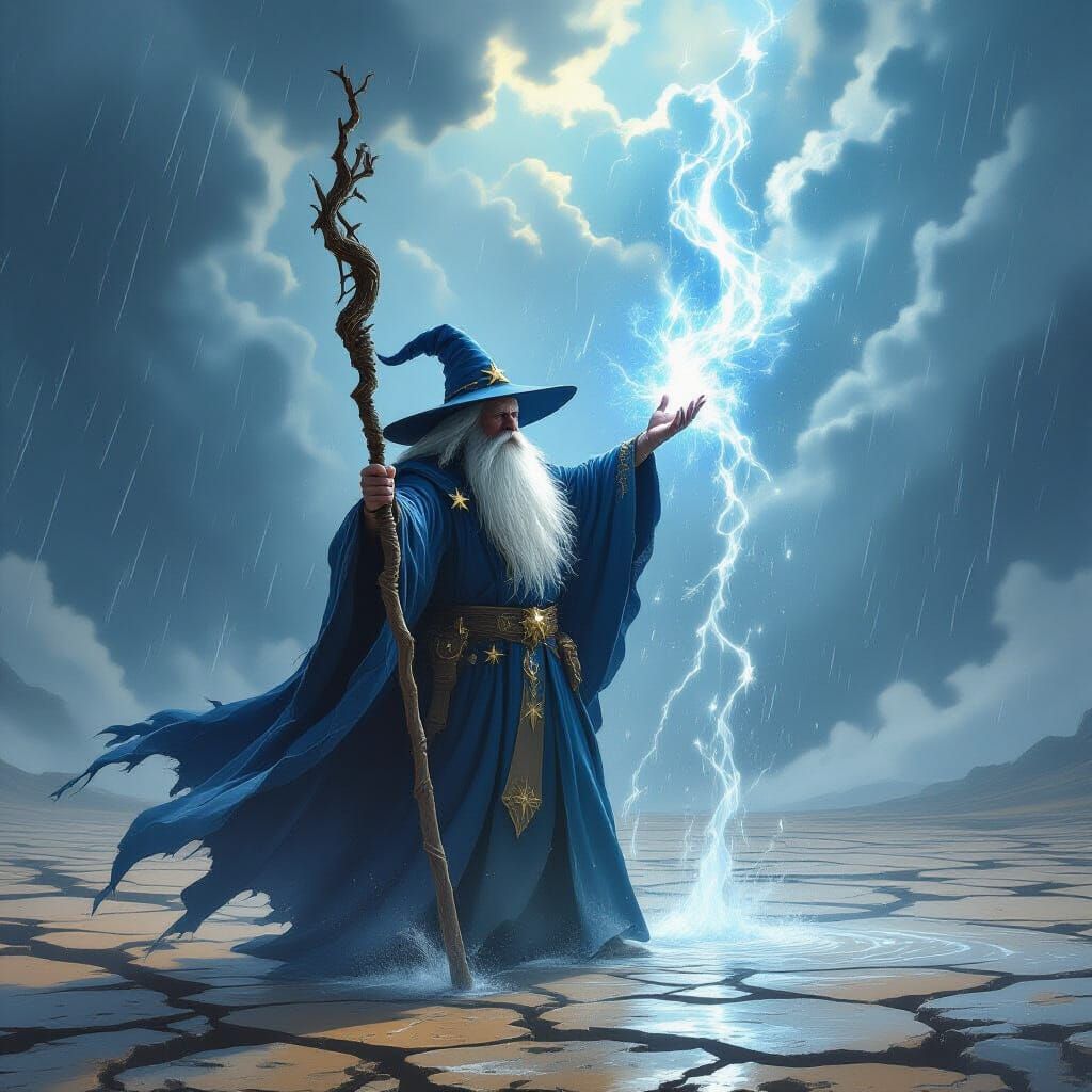 Wizard Conjures Rain Over Arid Land in Painterly Style