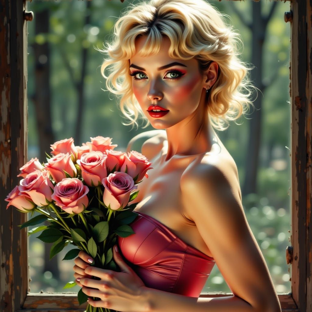 Blonde Pinup Girl with Roses in Impasto Style