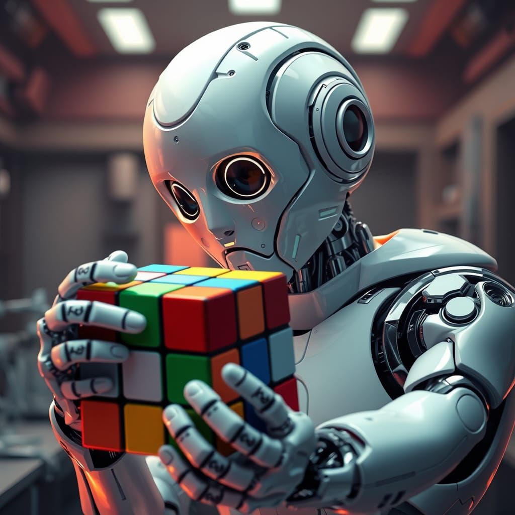 Futuristic Robot Struggles with Rubik's Cube in a Clever Sci...