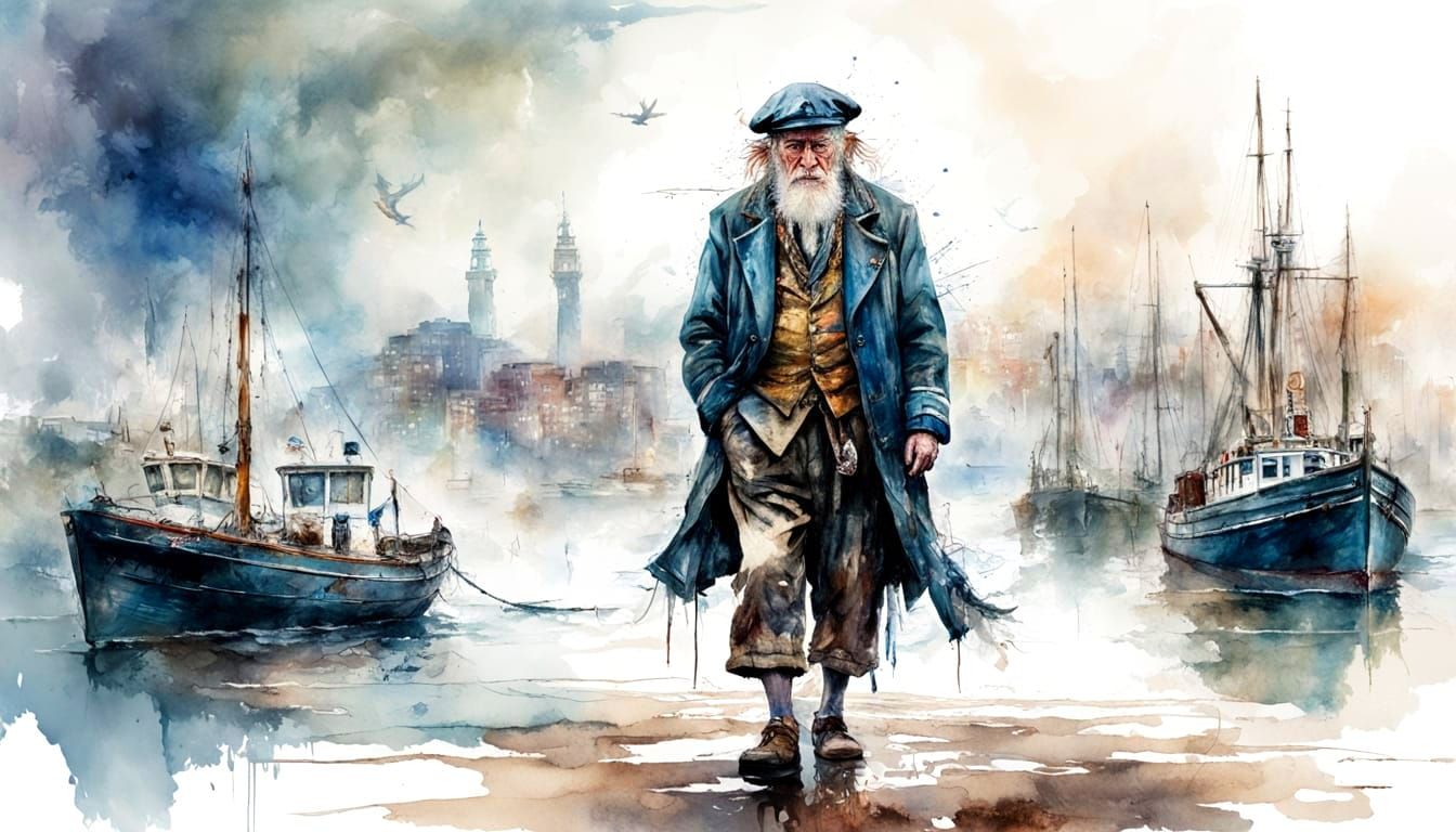 Old Sailor in Misty Harbour: Watercolour Painting