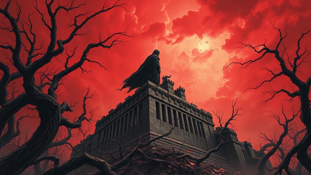 Ethereal Figure on Ancient Ruins in Dark Fantasy Style