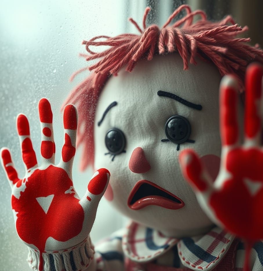 Raggedy Andy's Distressed Face on a Fogged-Up Window