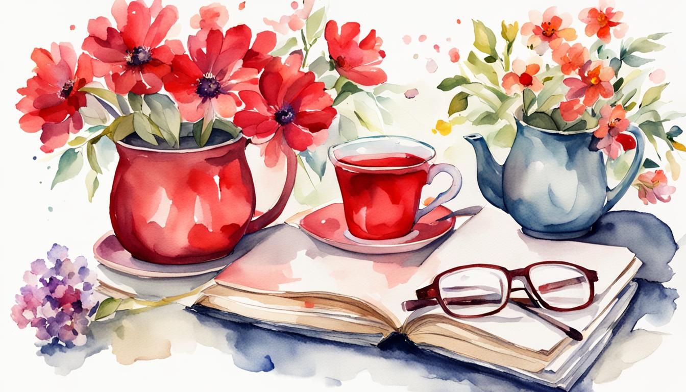 Watercolor Books, Flowers and Tea Mug Still Life