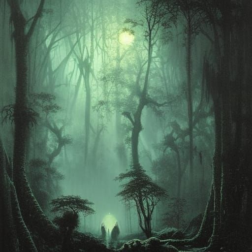Ethereal Horror Jungle at Night in Engraving Style