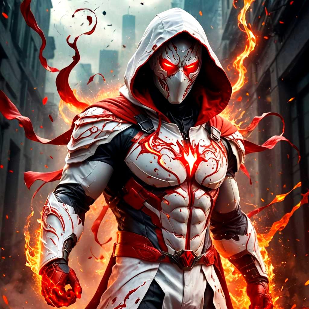 Fiery Superhero in White and Red Costume