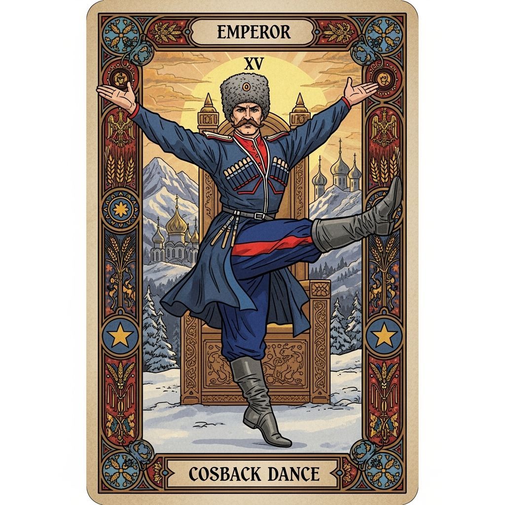 a tarot card representing the Emperor using the Cossack Dance  from Russia In text write: Emperor   Cossack Dance