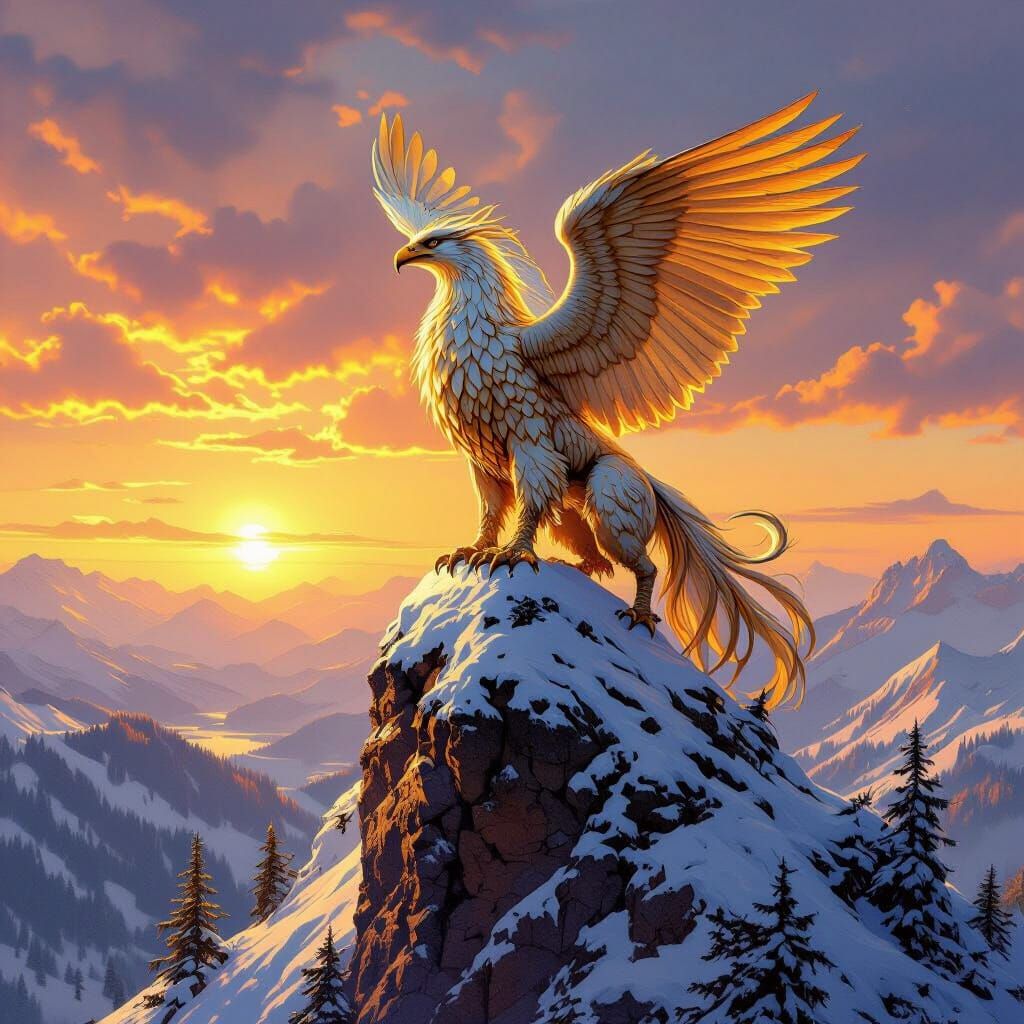 Majestic Griffin on Snowy Peak at Sunset, Fantasy Art