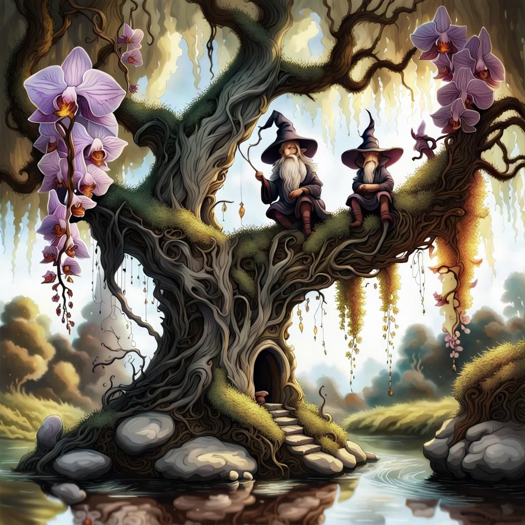 Dragon and Witch in Whimsical Watercolor Landscape