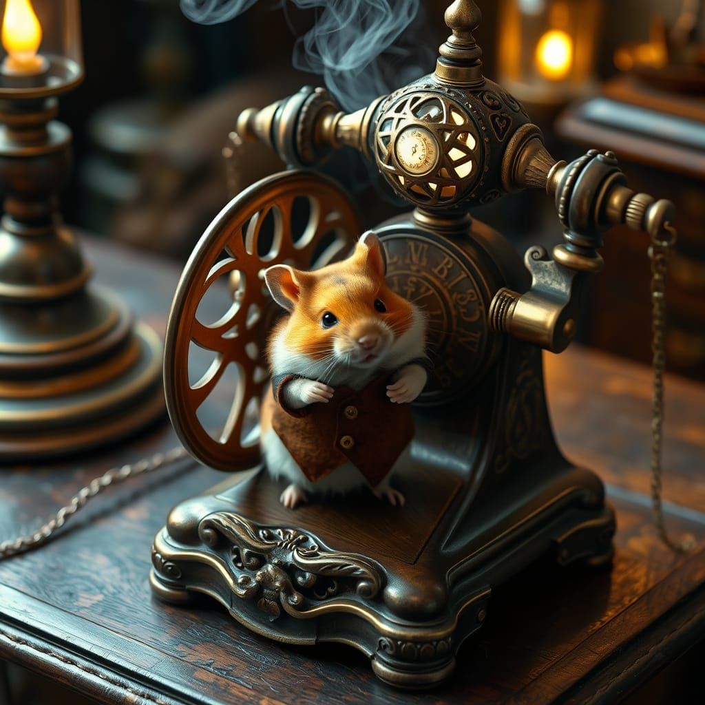 Whimsical Victorian Hamster in Copper Wheel