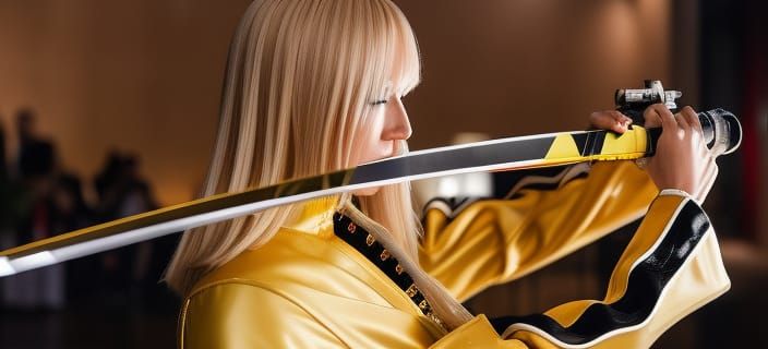 Blonde Swordswoman in Yellow Jumpsuit: Cinematic Photo