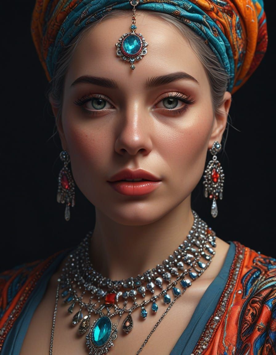 Hyperrealistic Portrait of Woman in Colorful Clothing
