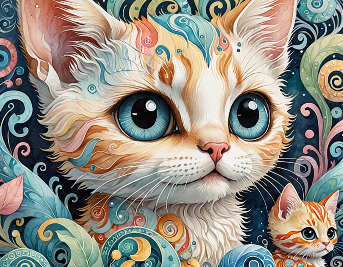 Whimsical Watercolor Kittens with Huge Eyes