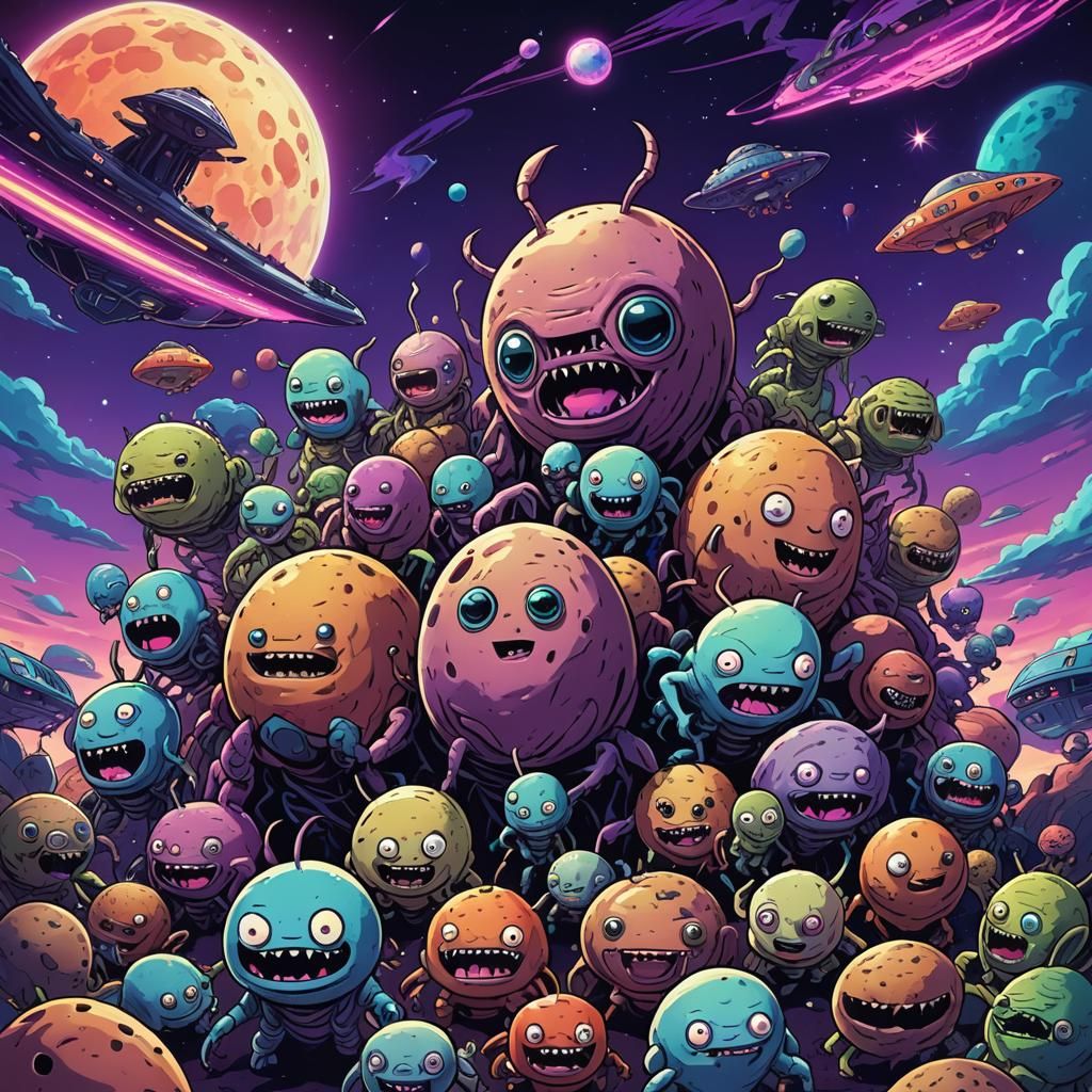 Anime Alien Potato Monsters Gather Near Spaceship