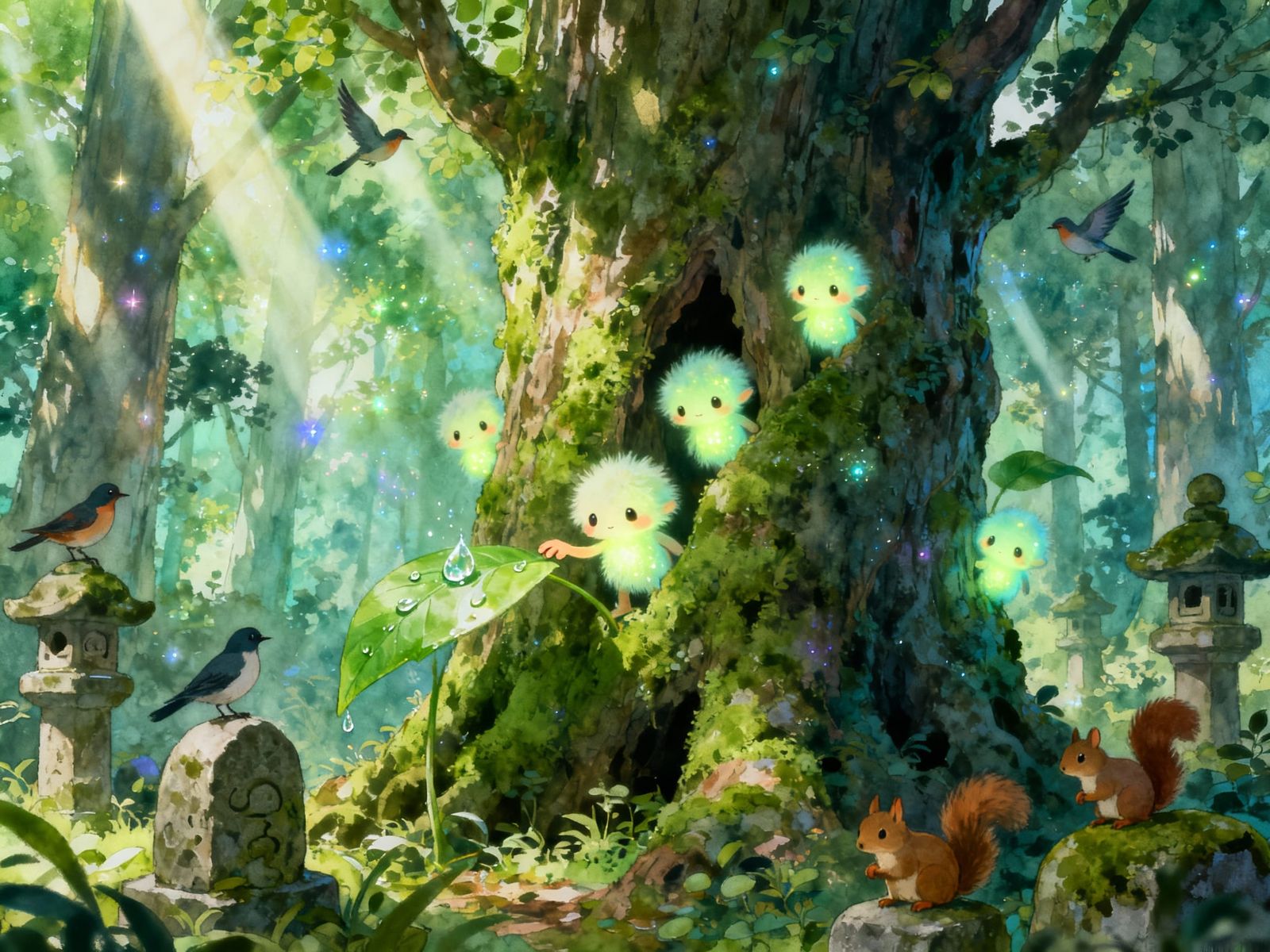 Kodama in Ancient Forest with Dewdrop, Watercolor Style