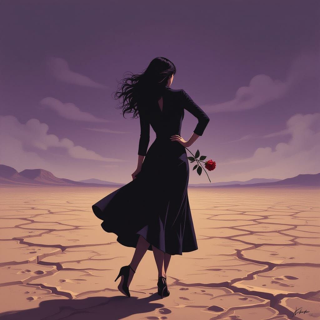 Melancholy Woman with Rose in Surreal Double Exposure