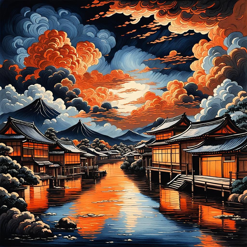Night Village Sky in Japanese Gouache Style