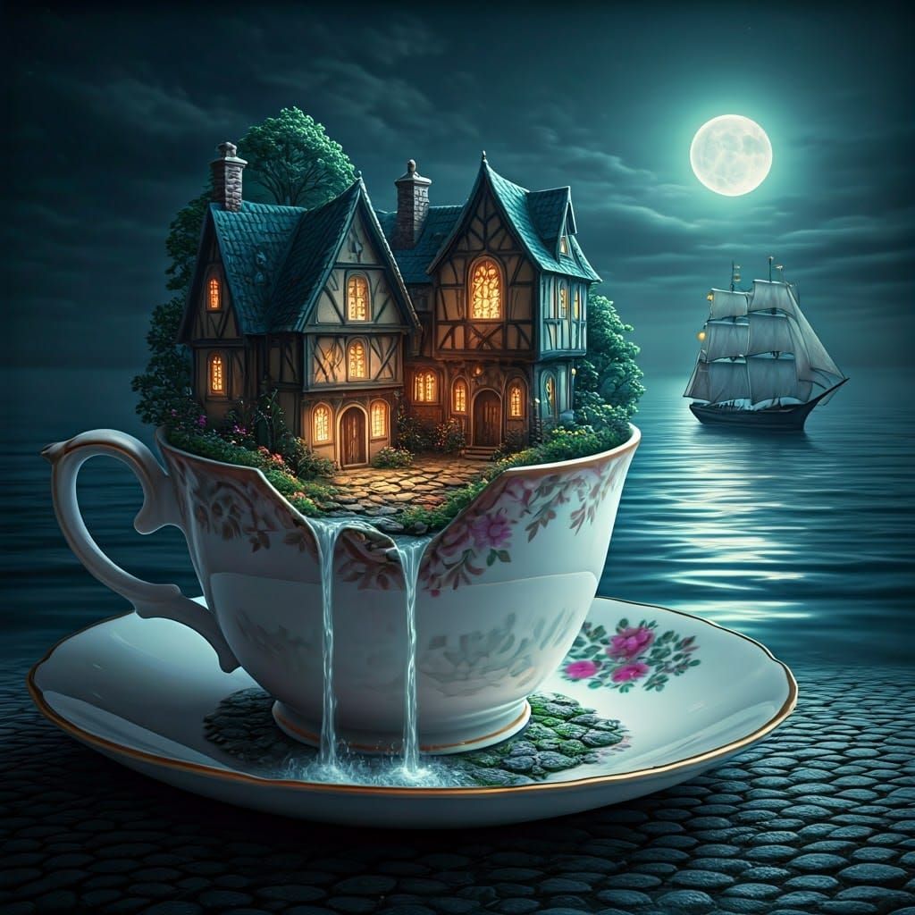 Miniature Village in Teacup Under Moonlight