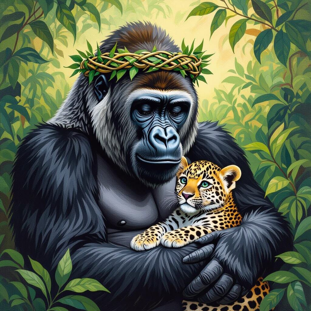 Gentle Gorilla Petting Leopard Cub, Rousseau Style