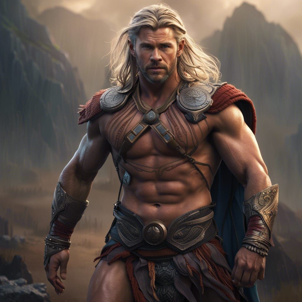 Shirtless Tribal Thor in Detailed Matte Painting