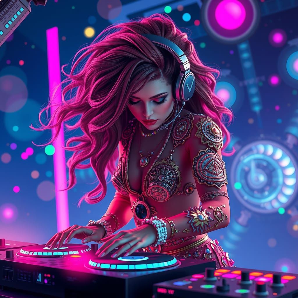 Vibrant DJ Girl in Neon Cosmic Dance