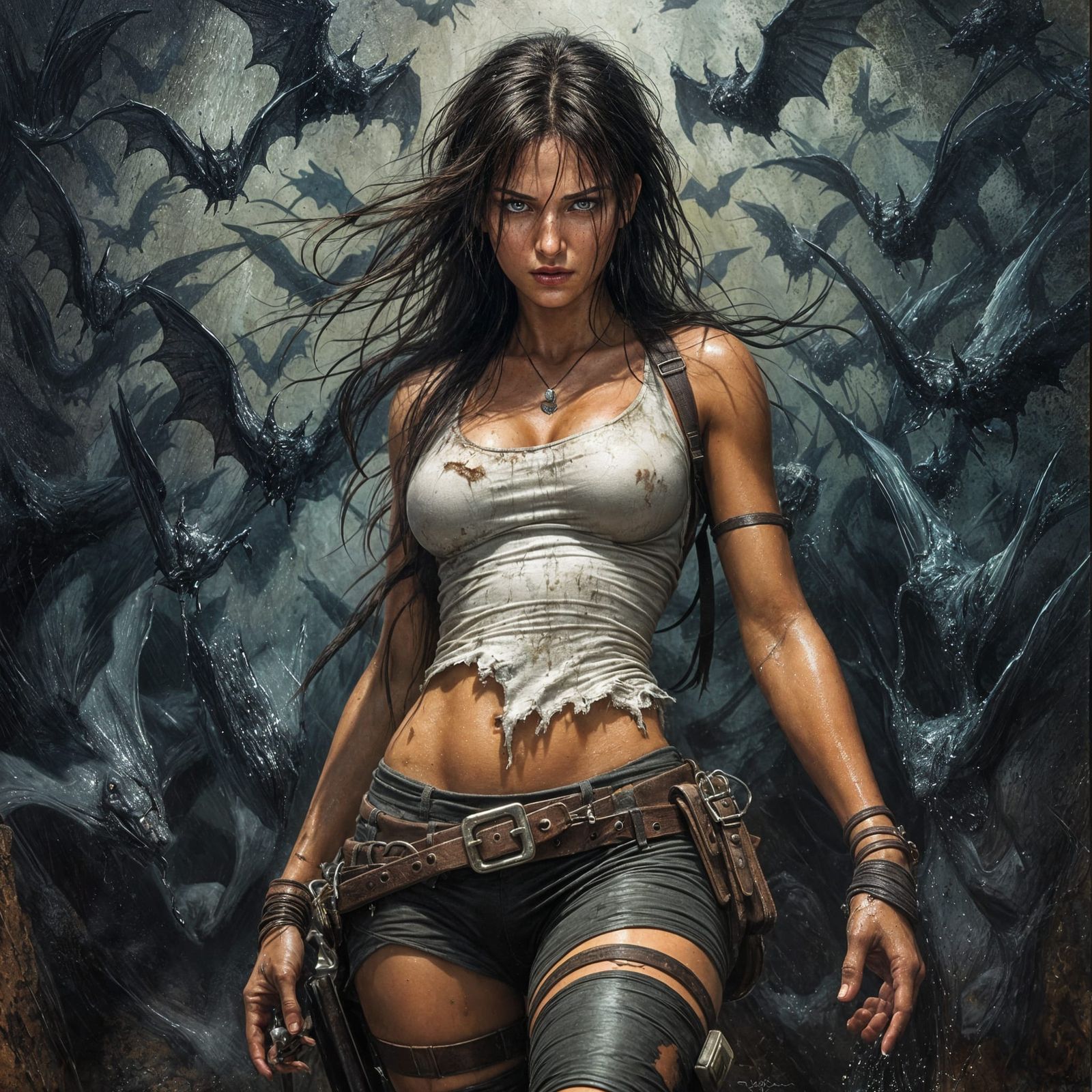 Lara Croft in Oil Painting with Bats