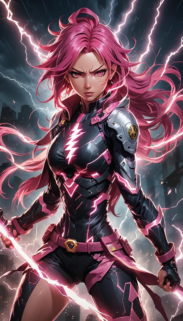 Dynamic Anime Girl with Lightning Sword in Cel-Shaded Style