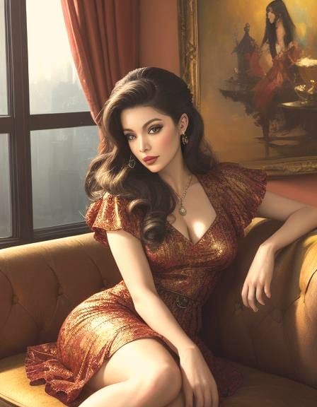 Glamorous Starlet on Sofa: Impressionist Painting