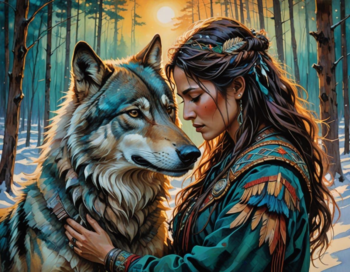 Cree Warrior and Wolf in Fall Colors
