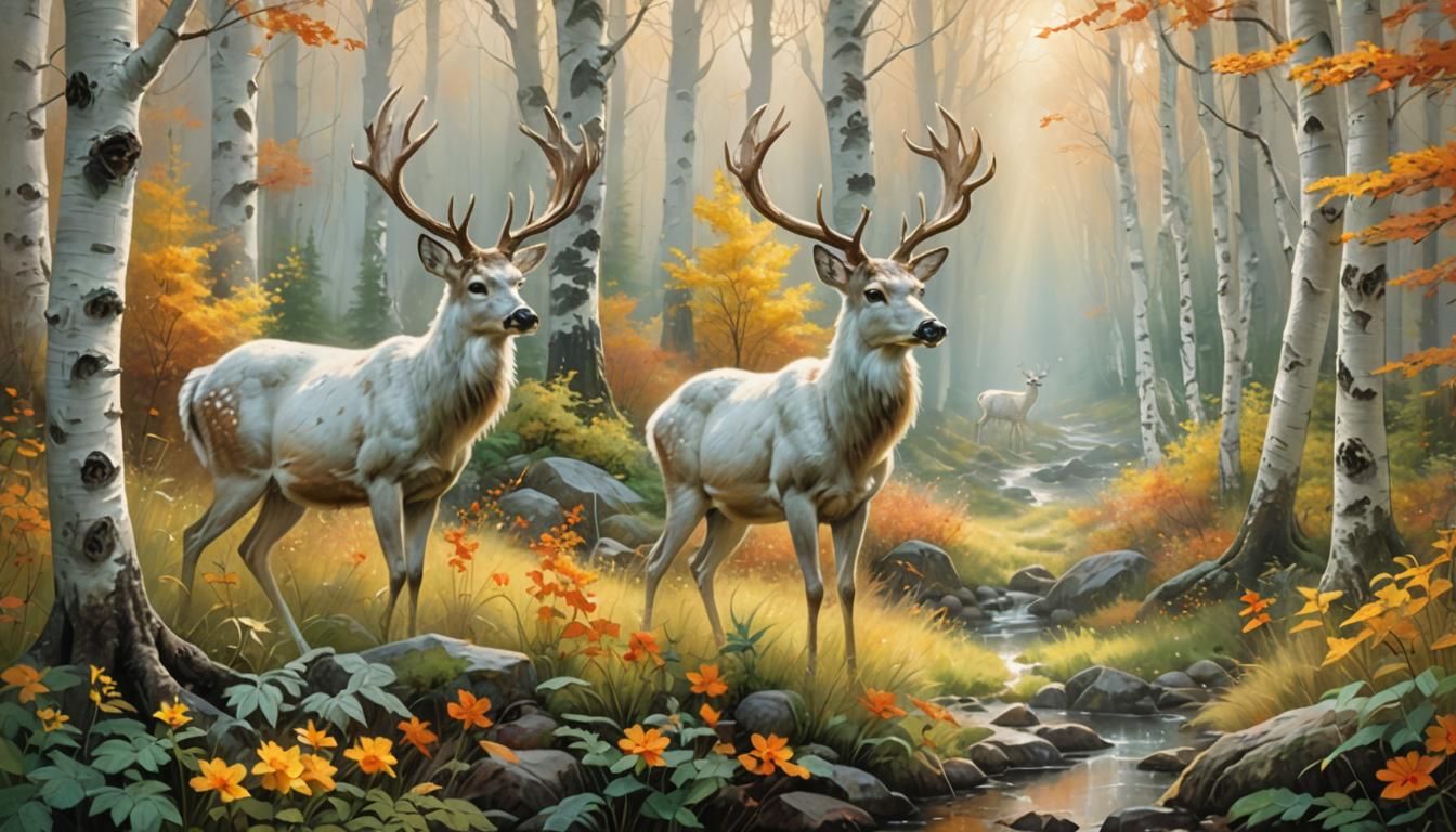 Ethereal Deer in Autumn Birch Forest