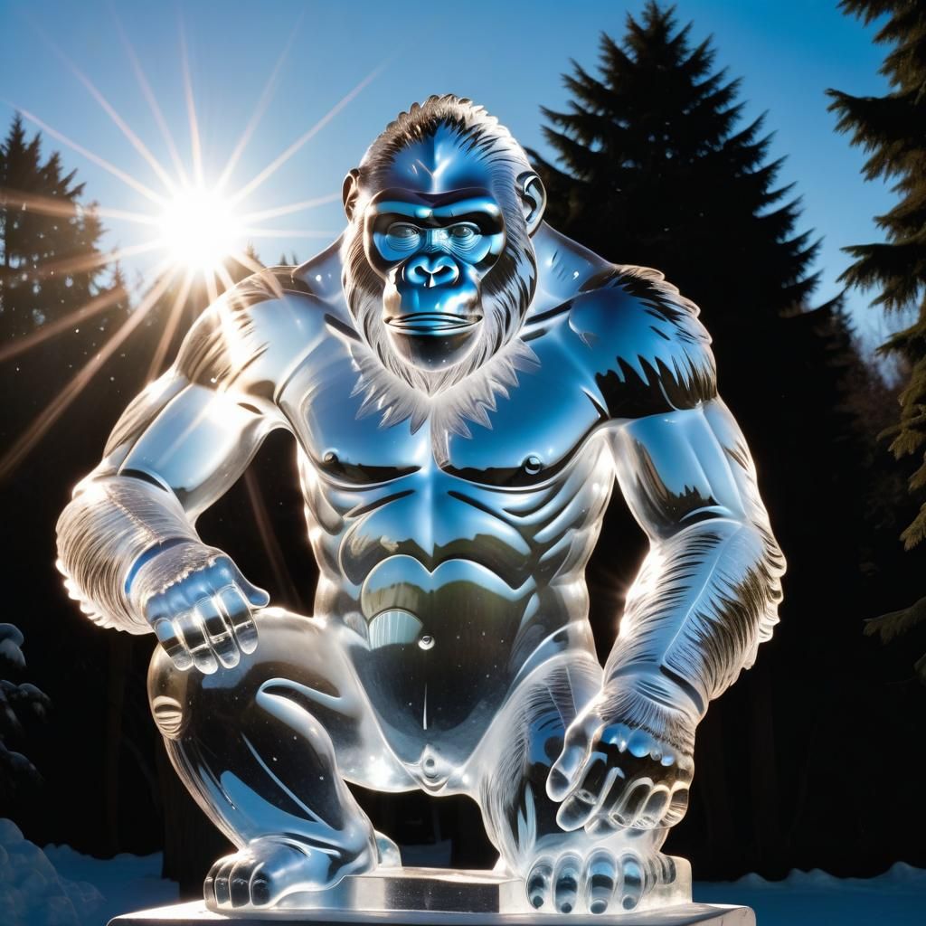 Glistening Ice Ape Sculpture in Sunlight