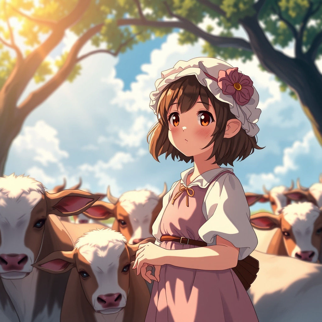 Anime Shepherdess Herding Calves in Ghibli Style