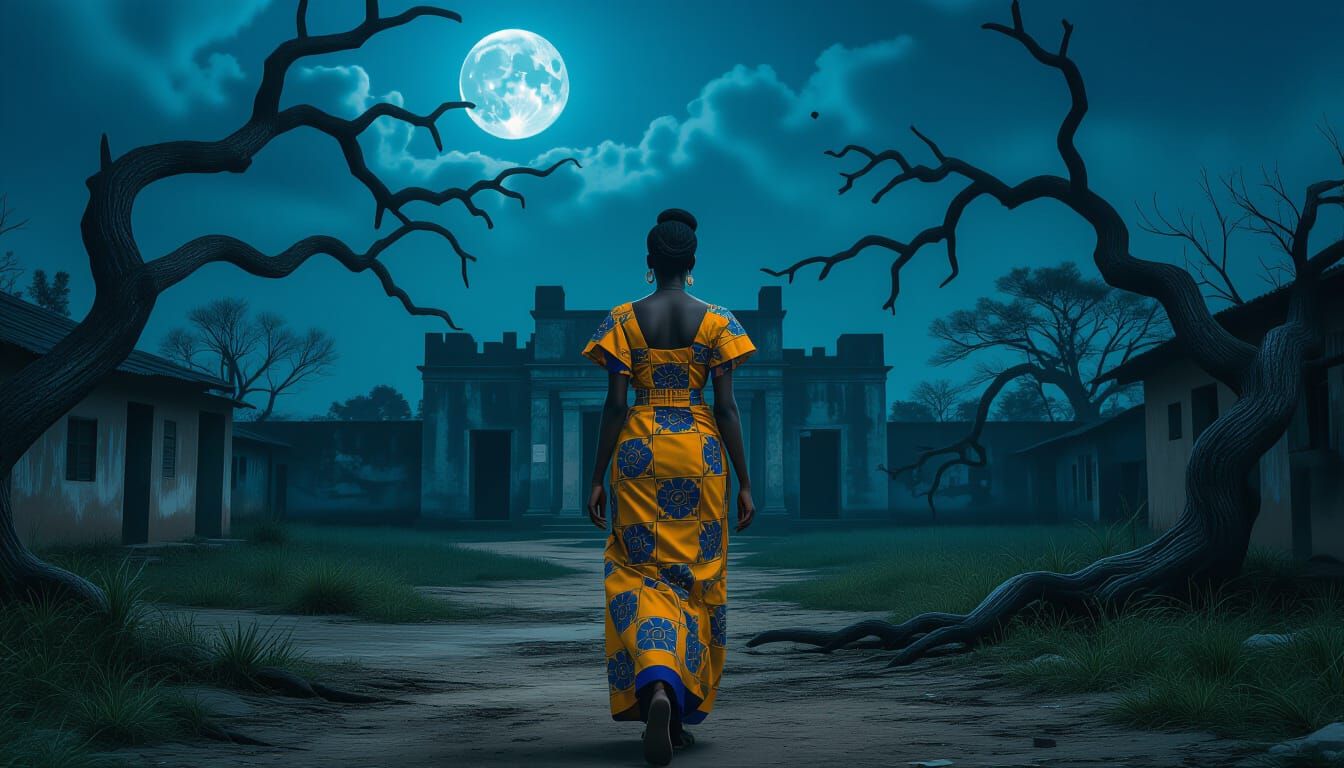 Mystical African Woman Walks Towards Abandoned Compound