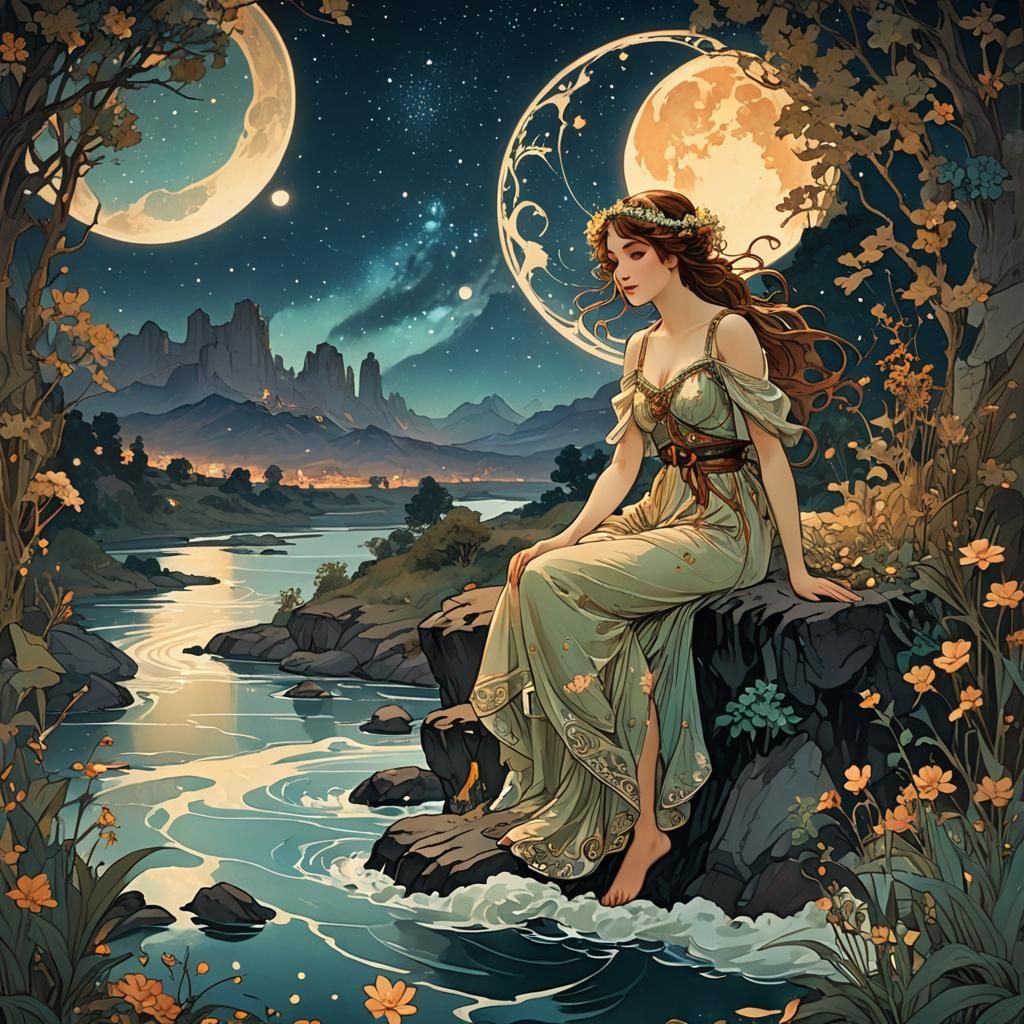 Dreamcore Paradise Night Sky in Mucha Style