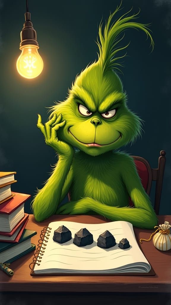 Whimsical Grinch Sits at Desk with Coal and Gifts