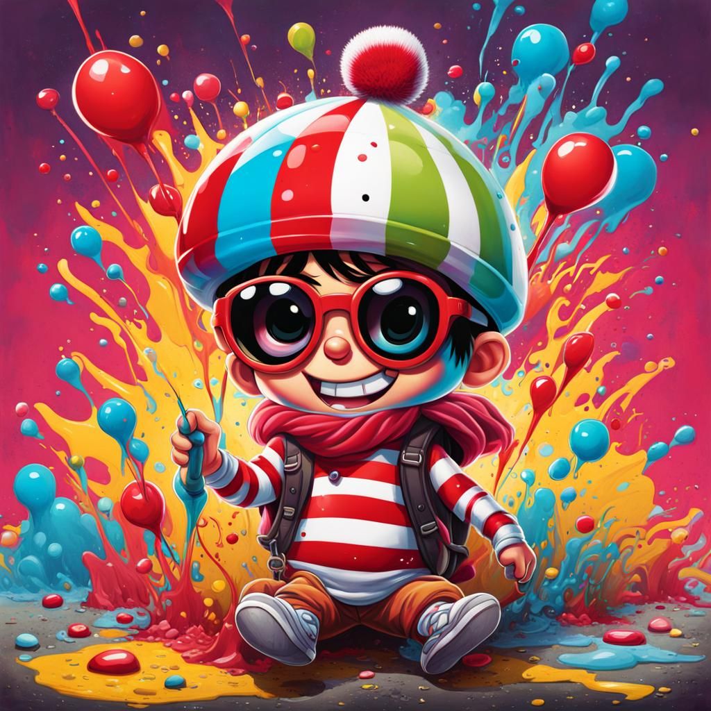 Kawaii Waldo Character in Colorful Graffiti Street Art