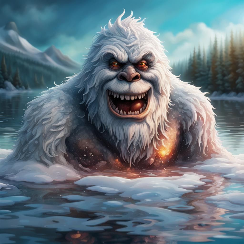 Abominable Snowman Bathing: Hyperrealistic Splash Art