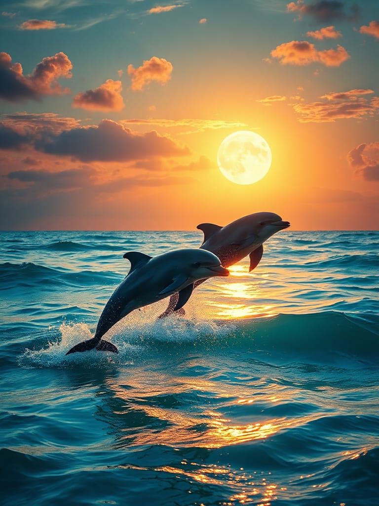 Surreal Ocean Scene at Sunset with Leaping Dolphins in Dream...