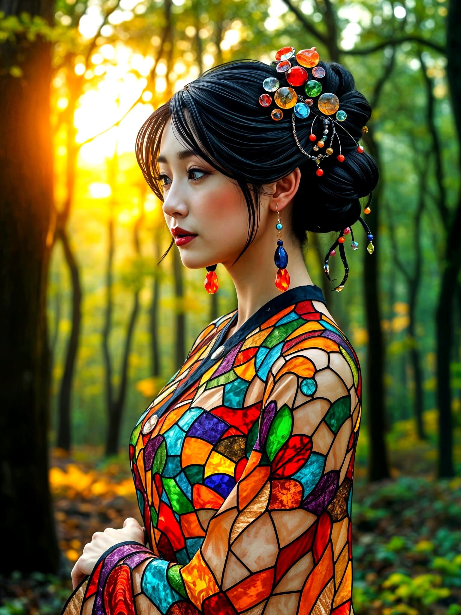 Vibrant Stained Glass Fashion in Lush Fantasy Forest