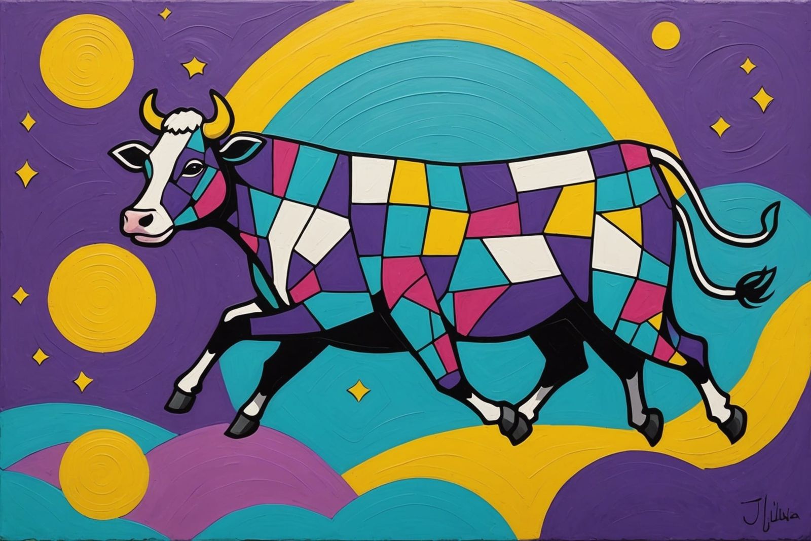 Abstract Cubist Cow Jumps Over Moon in Triadic Colors