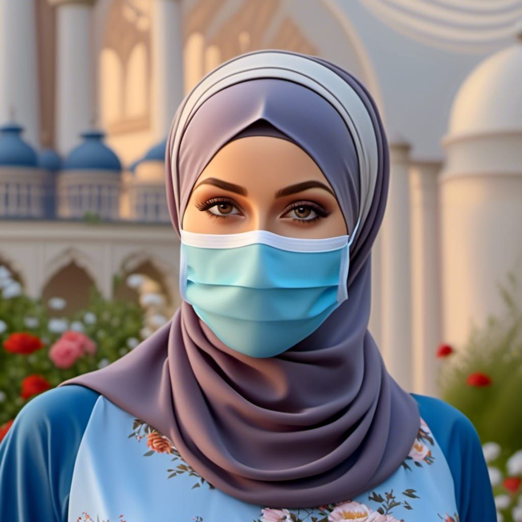 European Hijabi Woman with Facemask in Oil Painting