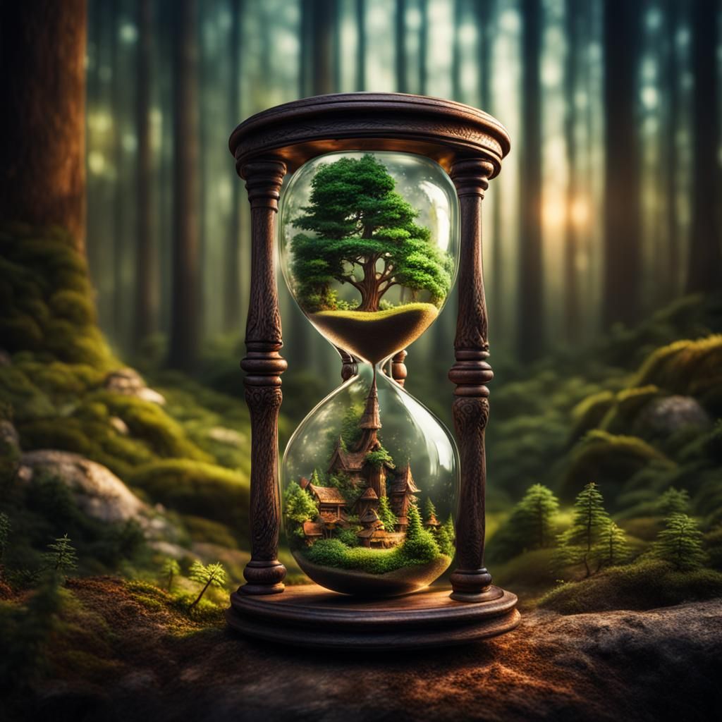 Enchanted Forest Inside Glass Hourglass in Hyperrealism