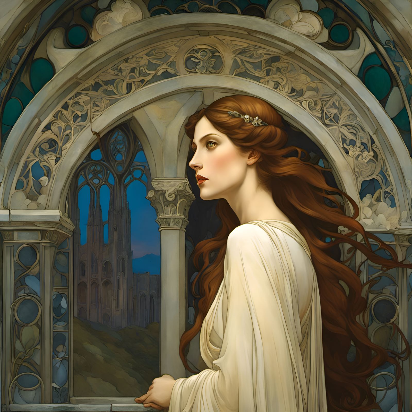 Woman Haunting Ruins: Pre-Raphaelite Art Nouveau Painting
