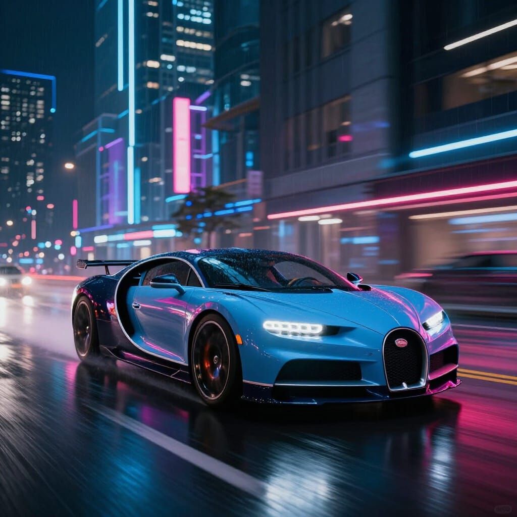 Sleek Bugatti Bolide in Neon Cyberpunk City at Night